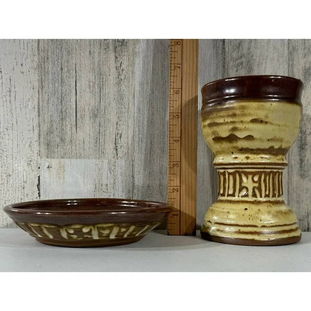 Studio Pottery Art Handmade 2 pc Candle Holder Tray Brown Signed Tom‎ Hughes